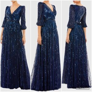 Mac Duggal 5509 Womens Blue SEQUINED WRAP OVER 3/4 SLEEVE GOWN
